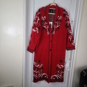 Vertigo Paris Jacquard Women's Maxi Long Sweater Coat Red Size L NWT